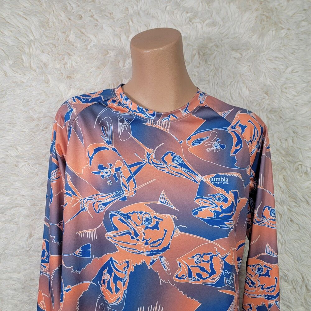 Columbia Pfg Shirt Men’s Size L Rash Guard Orange Blue Fish Print Long Sleeve N View 2